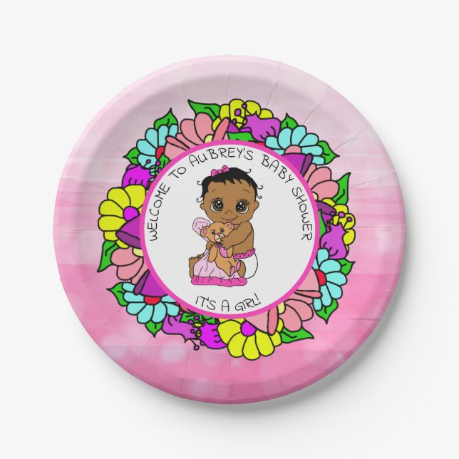 Girl's Baby Shower, Ethnic Baby with Teddy Bear Paper Plate (Front)