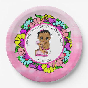 Girl's Baby Shower, Ethnic Baby with Teddy Bear Paper Plate