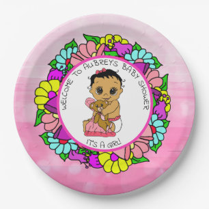 Girl's Baby Shower, Ethnic Baby with Teddy Bear Paper Plate