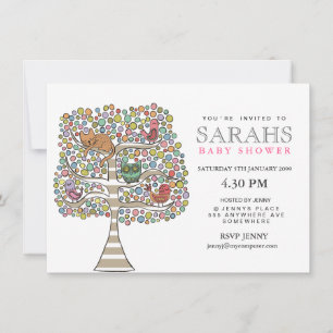 Girls Baby Shower Owl Cat & Birds Invite