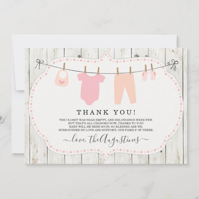Girls Baby Shower Thank You Card - Rustic (Front)