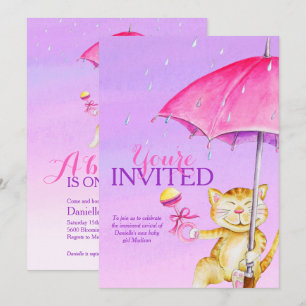 Girls baby shower umbrella whimsy cat invitations