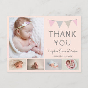 Girls baby thank you, pink birth announcement postcard