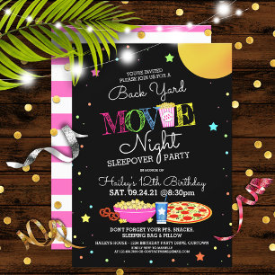 Girl's Backyard Movie Night Birthday Party Invitation