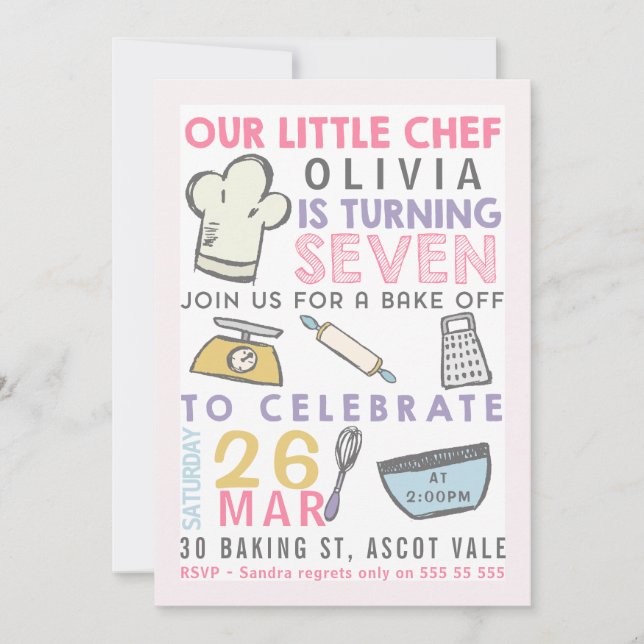 Girls Baking Cooking 7th Birthday Invitation (Front)