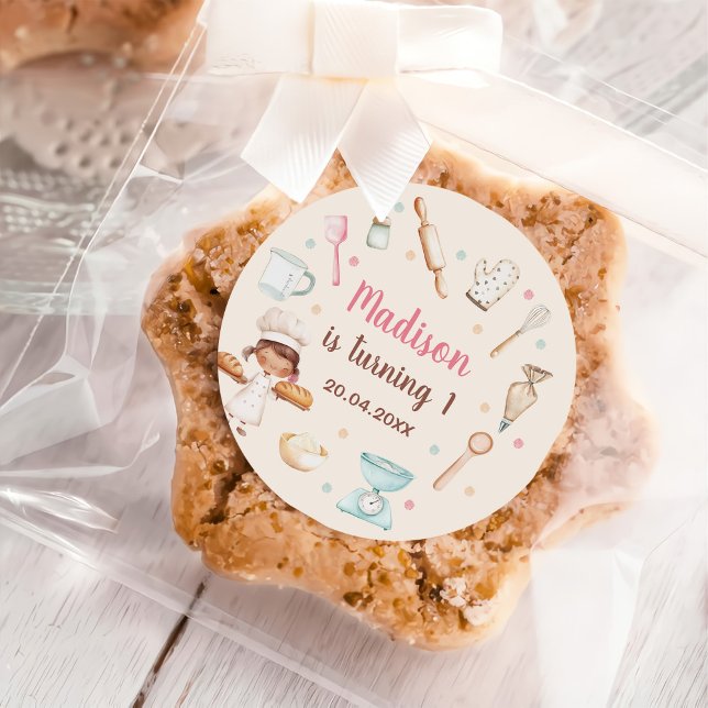 Girls Baking First Birthday Party Classic Round Sticker (Creator Uploaded)