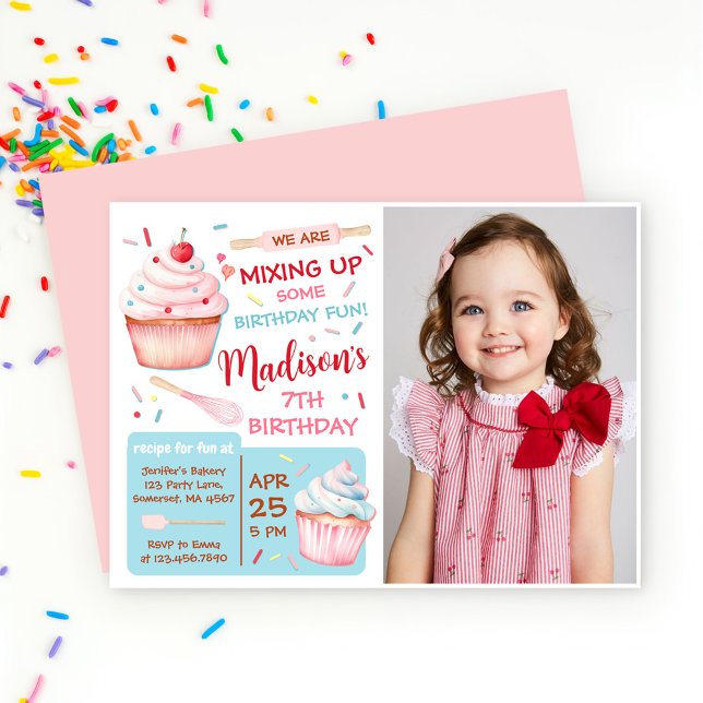 Girls Baking Party Cupcake Birthday Photo Invitation (Creator Uploaded)