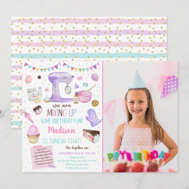 Girls Baking Party Pink Gold Cake Cupcake Birthday Invitation (Front/Back)