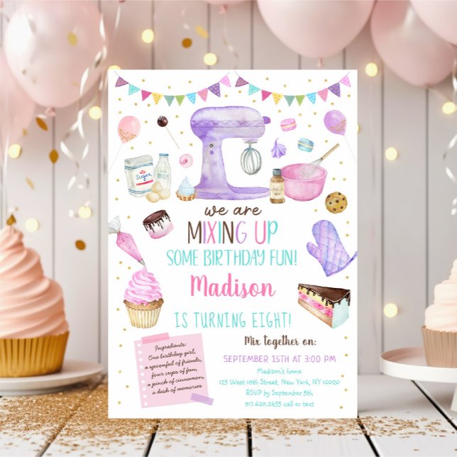 Girls Baking Party Pink Gold Cake Cupcake Birthday Invitation (Creator Uploaded)