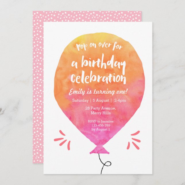 Girls Balloon Birthday Invitation (Front/Back)