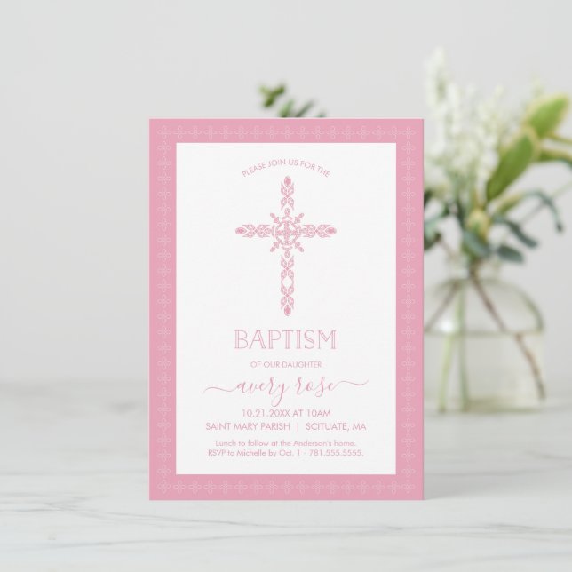 Girls Baptism, Christening Invitation w/ Cross (Standing Front)