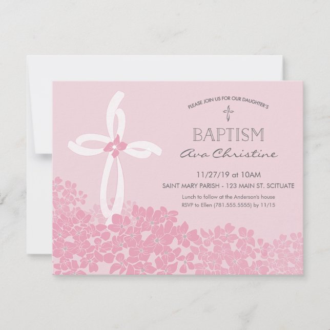 Girl's Baptism, Christening Invitation w/ Cross (Front)