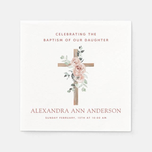 Girl's Baptism Dusty Pink Rose Christian Napkin (Front)