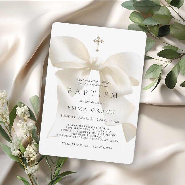 Girl's Baptism Elegant Ivory Bow Invitation (Invitation may be ordered in both printed and digital formats.)