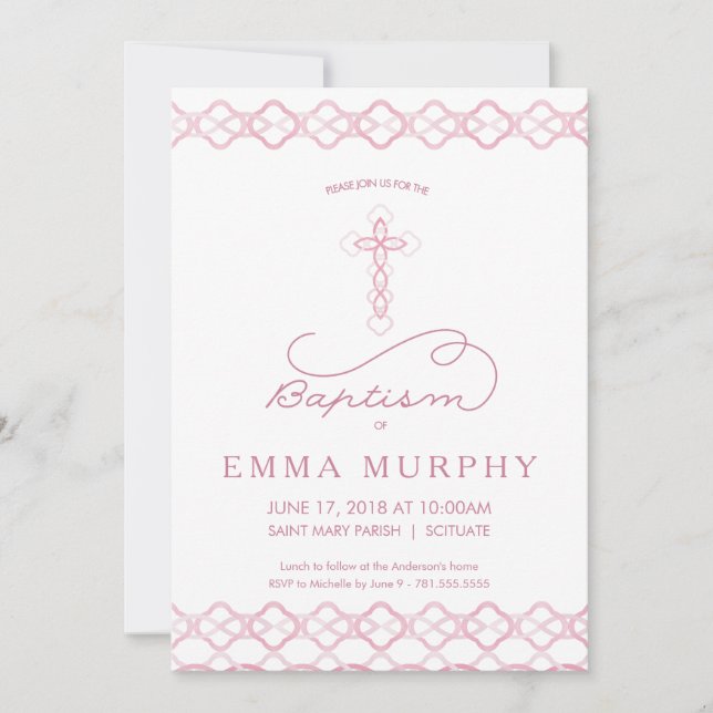 Girl's Baptism Invitation - Fancy Pink Cross Invit (Front)