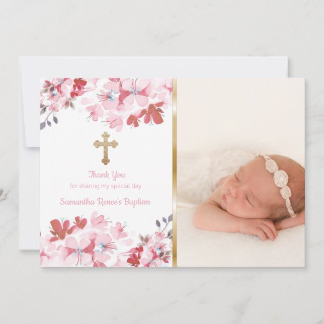 Girls Baptism Thank You | Custom Photo Pink Floral (Front)