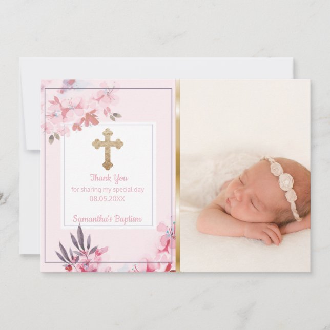 Girls Baptism Thank You | Custom Photo Pink Floral Card (Front)