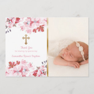 Girls Baptism Thank You   Custom Photo Pink Floral Card