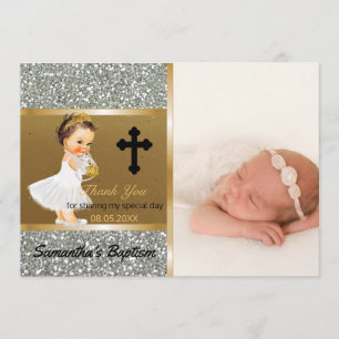Girls Baptism Thank You   Custom Photo Silver Gold Card