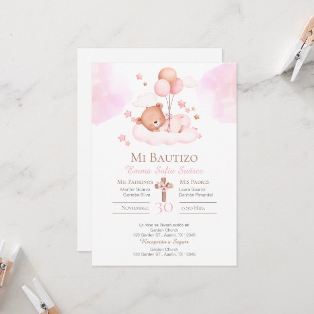 Girl's baptism with a pink bear and balloons invitation (Front/Back In Situ)