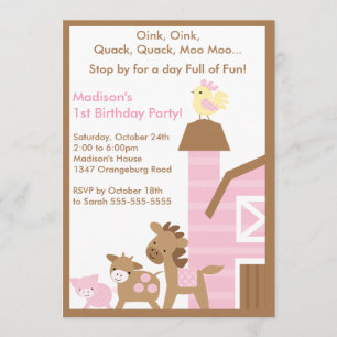 Girls Barn Animal Fun Birthday Party Invitation