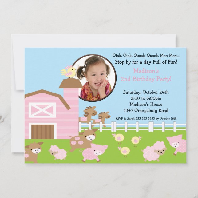 Girls Barn Animal Fun Photo Birthday Invitation (Front)