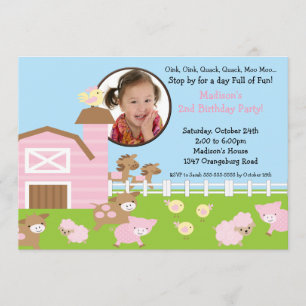 Girls Barn Animal Fun Photo Birthday Invitation