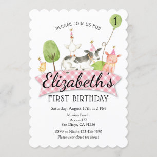 Girls Barnyard 1st Birthday Invitation