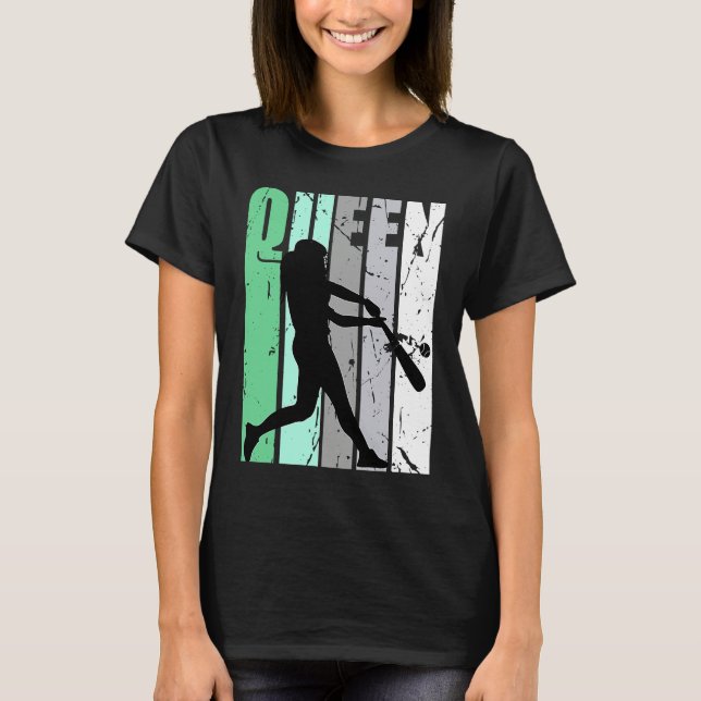 Girls Baseball Queen Softball Retro Graphic Green T-Shirt (Front)