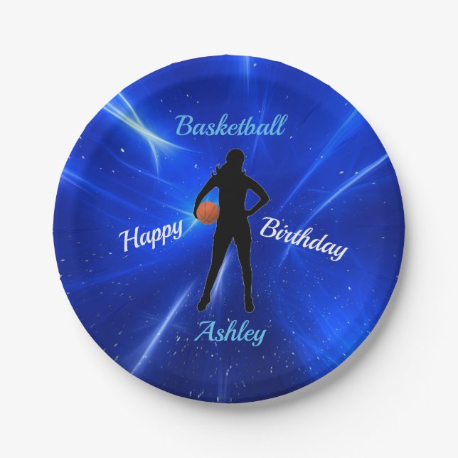 Girls Basketball Blue Birthday Paper Plates (Front)
