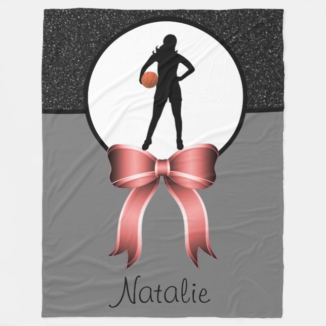 Girls Basketball Glitter and Bow Fleece Blanket (Front)