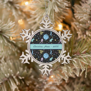 Girls Basketball Players - Stars Pattern Snowflake Pewter Christmas Ornament