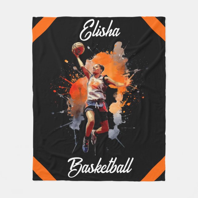 Girls Basketball Watercolor Personalised Fleece Blanket (Front)