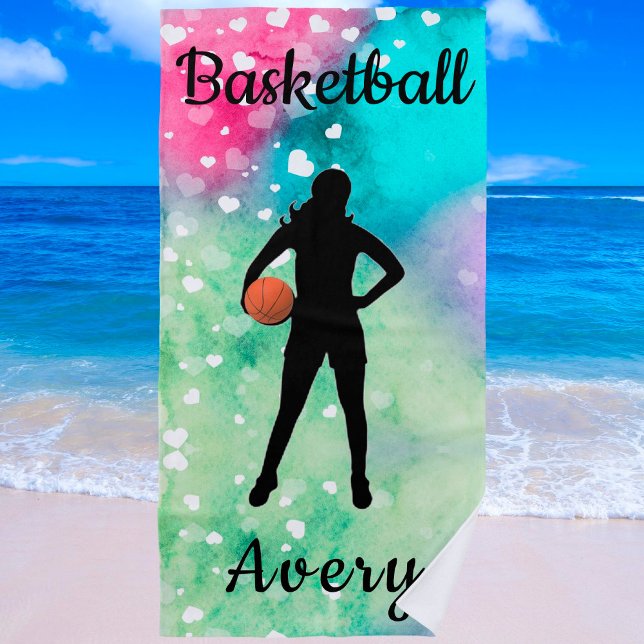 Girls Basketball Watercolor with Floating Hearts   Beach Towel (Creator Uploaded)