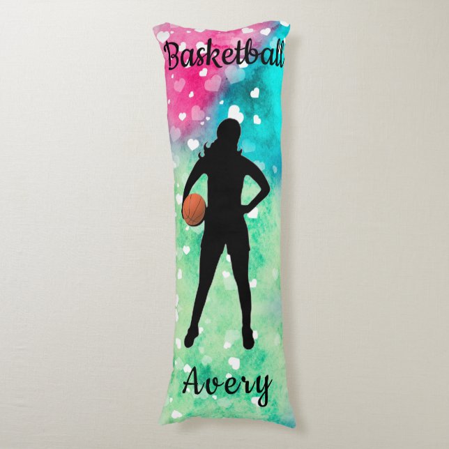 Girls Basketball Watercolor with Floating Hearts   Body Cushion (Front Vertical)