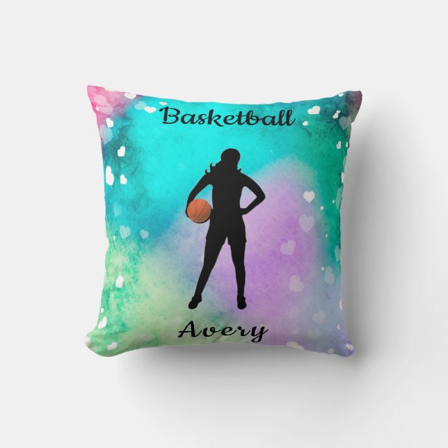 Girls Basketball Watercolor with Floating Hearts   Cushion (Front)
