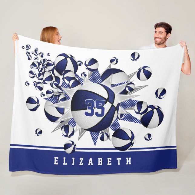 girls basketballs stars blue white fleece blanket (In Situ)