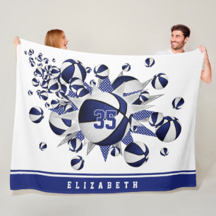 girls basketballs stars blue white fleece blanket