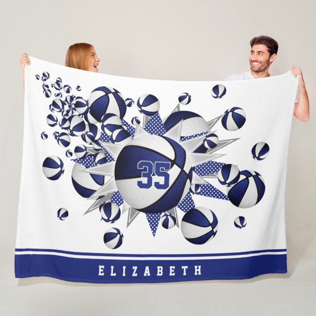 girls basketballs stars blue white fleece blanket (In Situ)