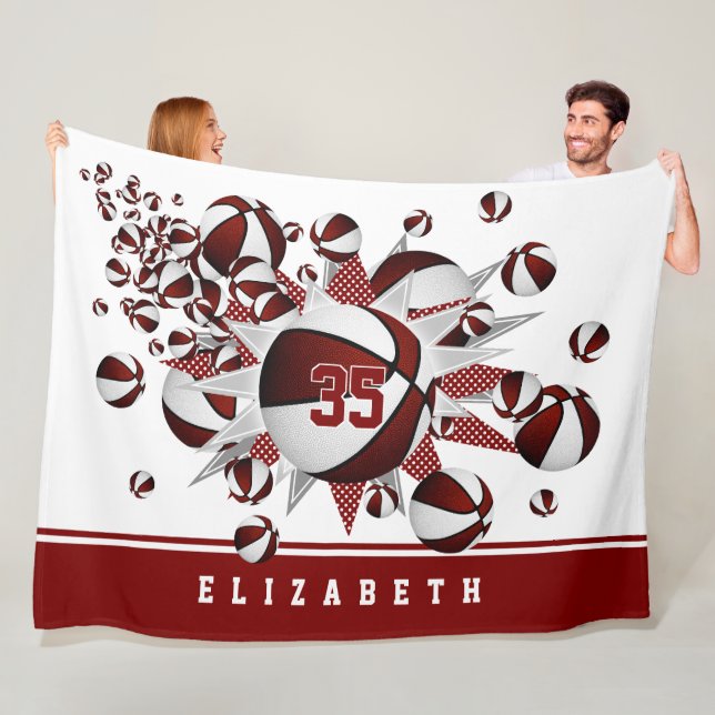 girls basketballs stars maroon white personalised fleece blanket (In Situ)