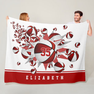 girls basketballs stars red white personalised fleece blanket