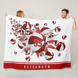girls basketballs stars red white personalised fleece blanket
