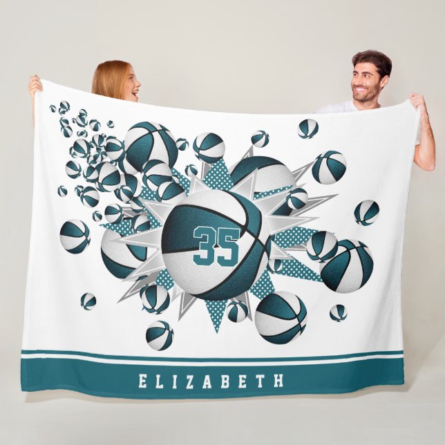 girls basketballs stars teal white personalised fleece blanket (In Situ)