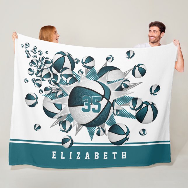 girls basketballs stars teal white personalised fleece blanket (In Situ)