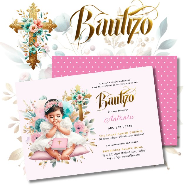 Girl's BAUTIZO Pink Gold Floral Cross Invitation (Creator Uploaded)