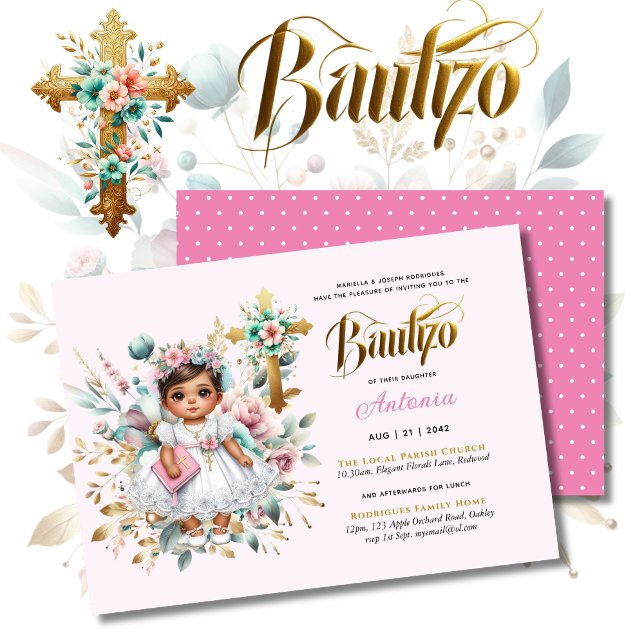 Girl's BAUTIZO Pink Gold Floral Cross Invitation (Creator Uploaded)