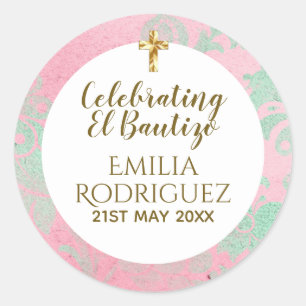 Girls Bautizo Pink Mint Green Damask Gold Cross Classic Round Sticker