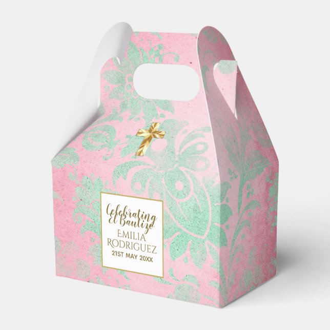 Girls Bautizo Pink Mint Green Damask Gold Cross Favour Box (Front Side)