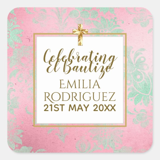 Girls Bautizo Pink Mint Green Damask Gold Cross Square Sticker (Front)