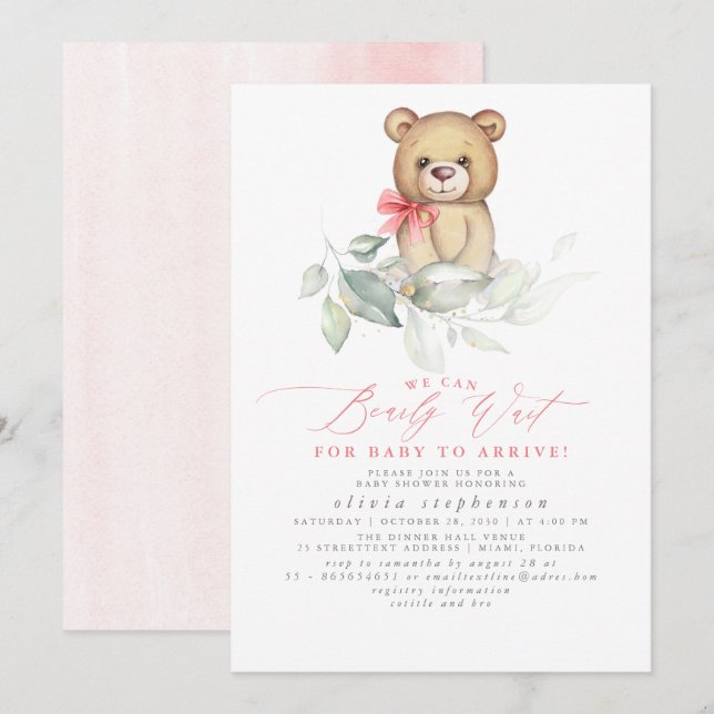 Girl's Bear Watercolor Greenery Baby Shower Invitation (Front/Back)